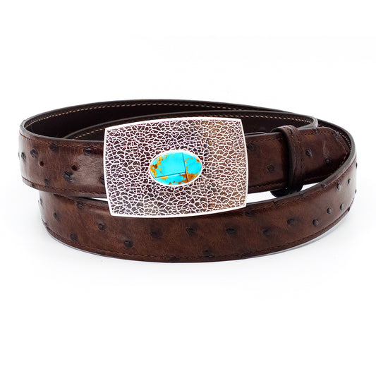 Chris Pruitt silver belt buckle with turquoise on a Sienna brown full quill ostrich belt strap.