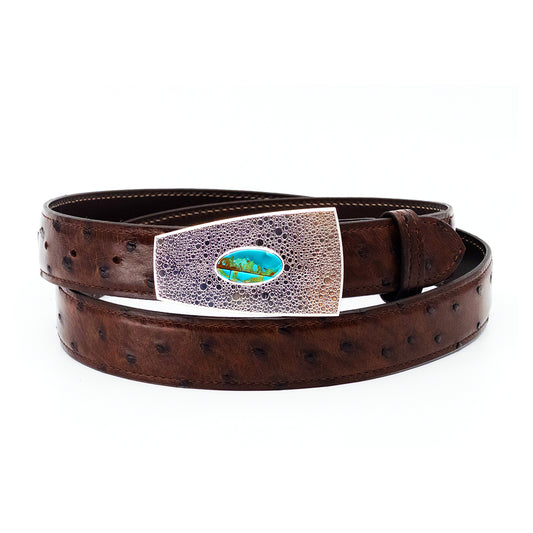 Chris Pruitt turquoise belt buckle shown on a Sienna brown full quill ostrich belt strap.