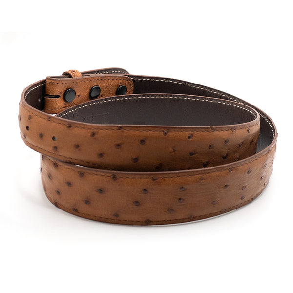 ostrich dress belt Cognac Saddle Finish Full Quill Straps 1 1/4