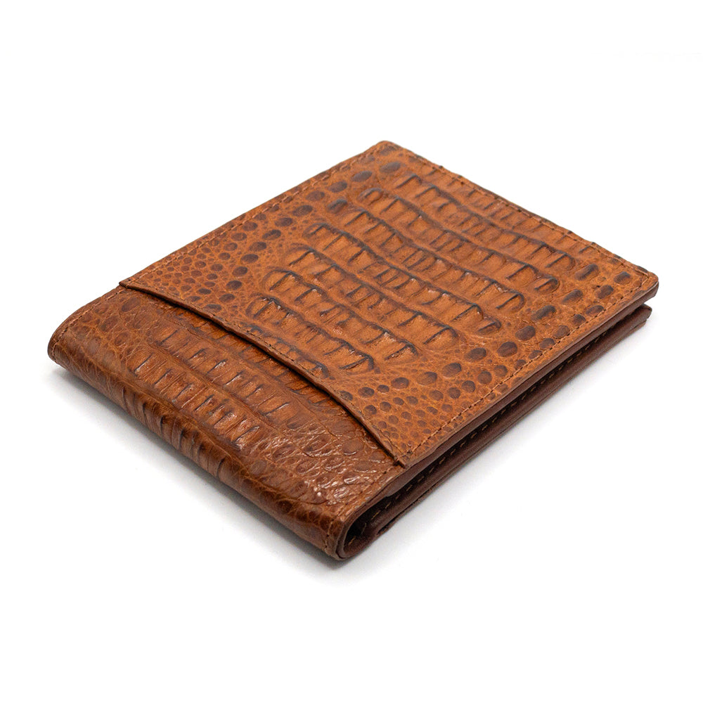 Exterior view of the cognac horn-back alligator wallet.