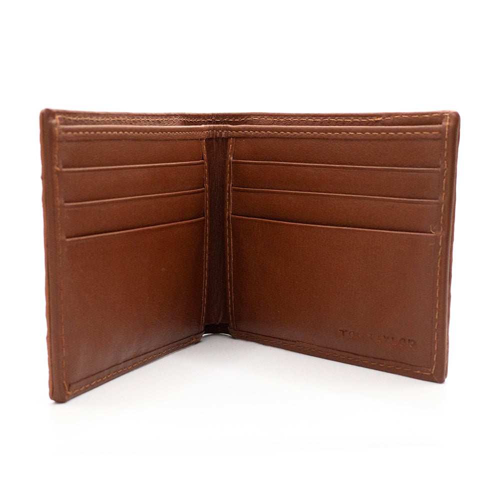 Interior view of the cognac hornback wallet.