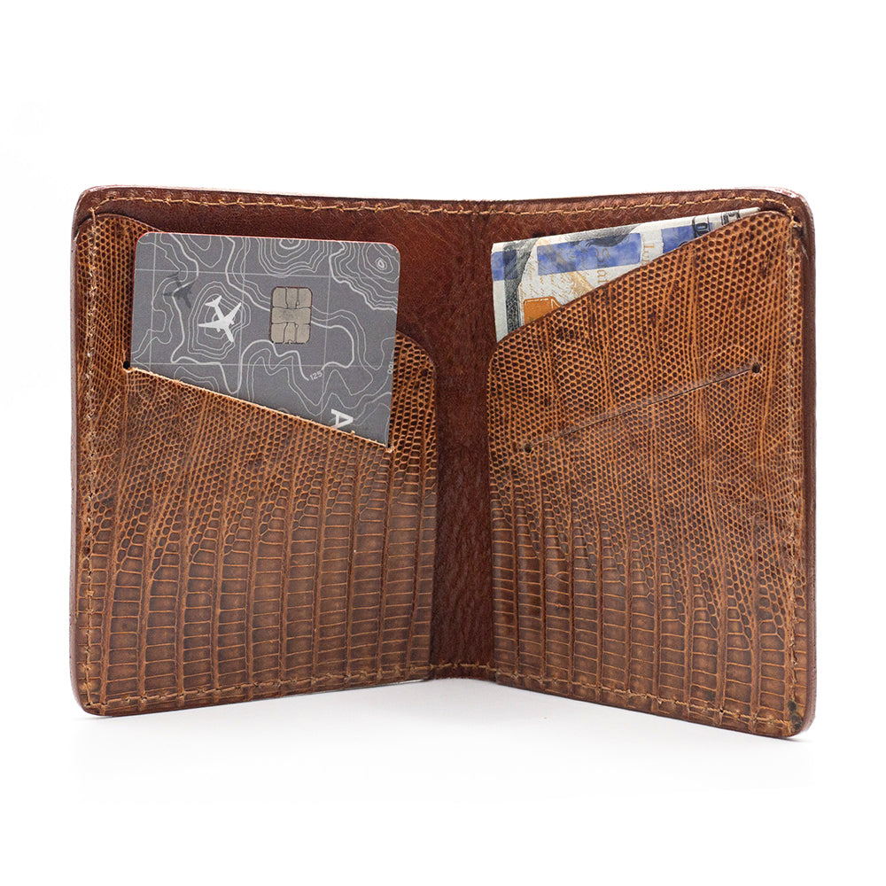 Interior view of the cognac lizard minimalist wallet.