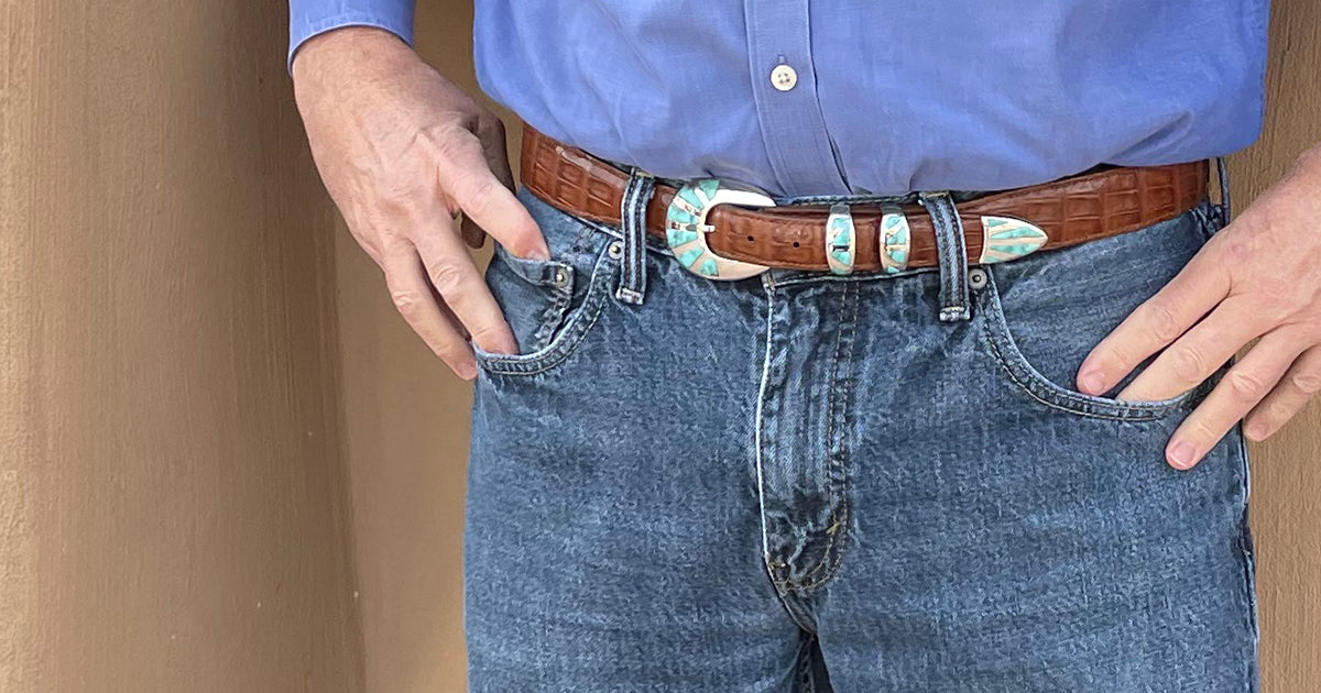 Waist view man wearing Denim Lapis belt buckle set.