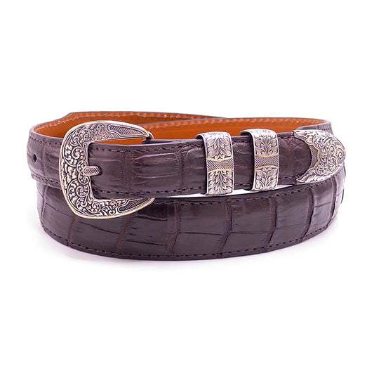 Neil Hunt Fox stterling silver with 24K gold belt buckle set shown on a brown Nile crocodile belt strap.