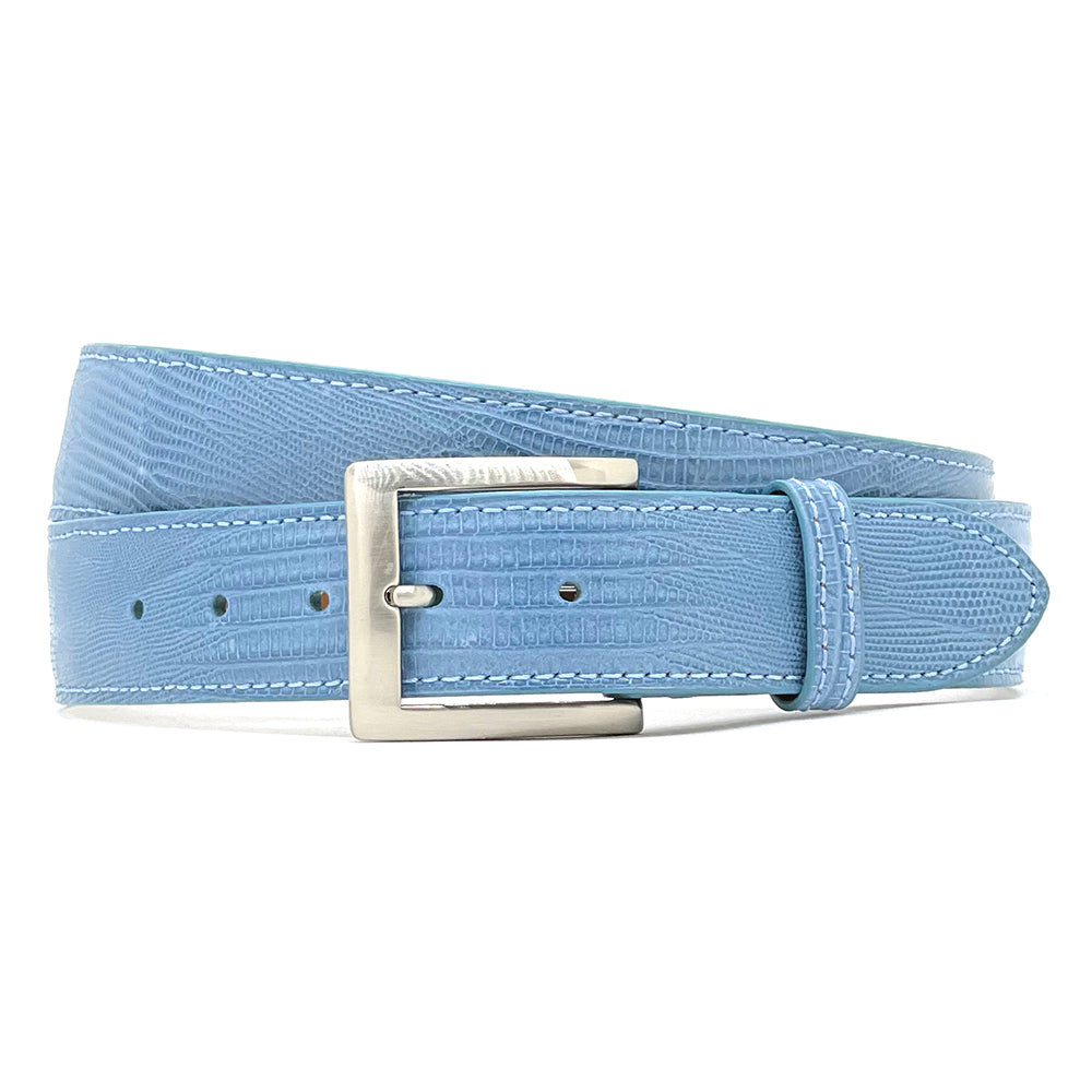 Sky blue lizard belt with a silver buckle on a white background