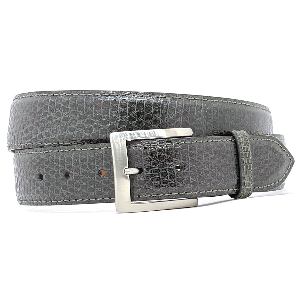 Gray lizard belt with a silver buckle on a white background