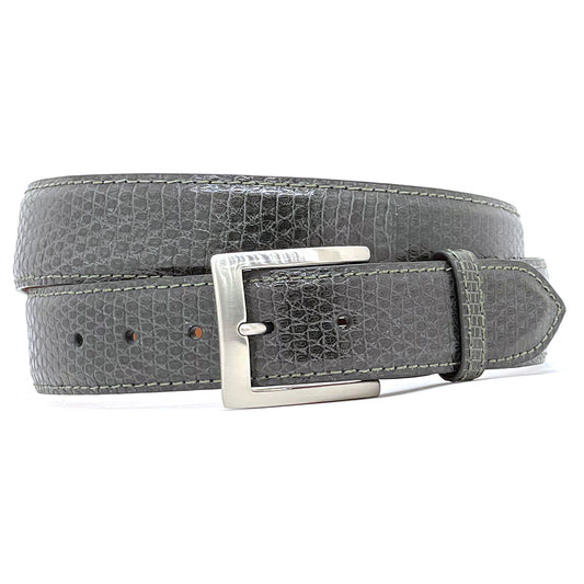 Gray lizard belt with a silver buckle on a white background
