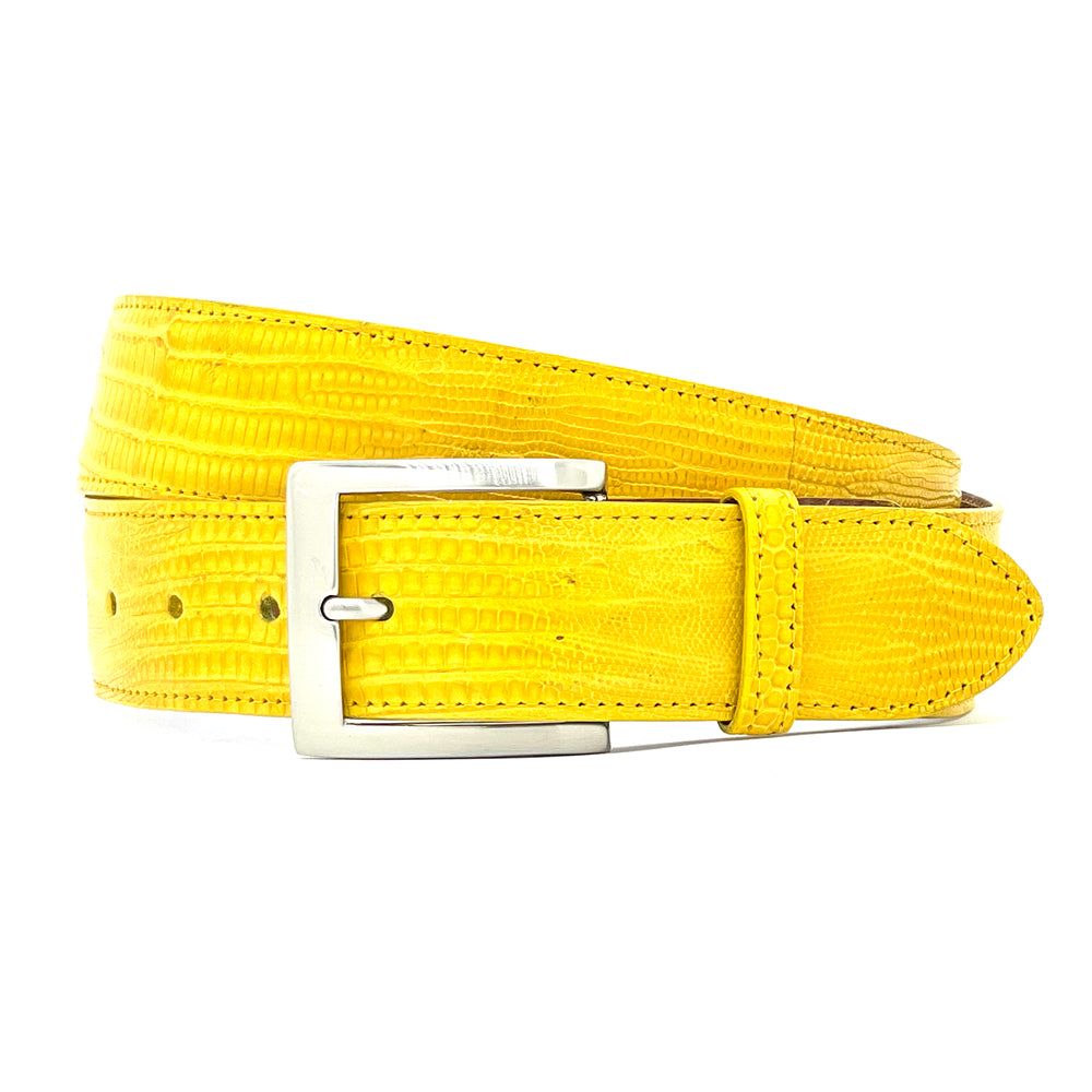 Yellow lizard belt with a silver buckle on a white background