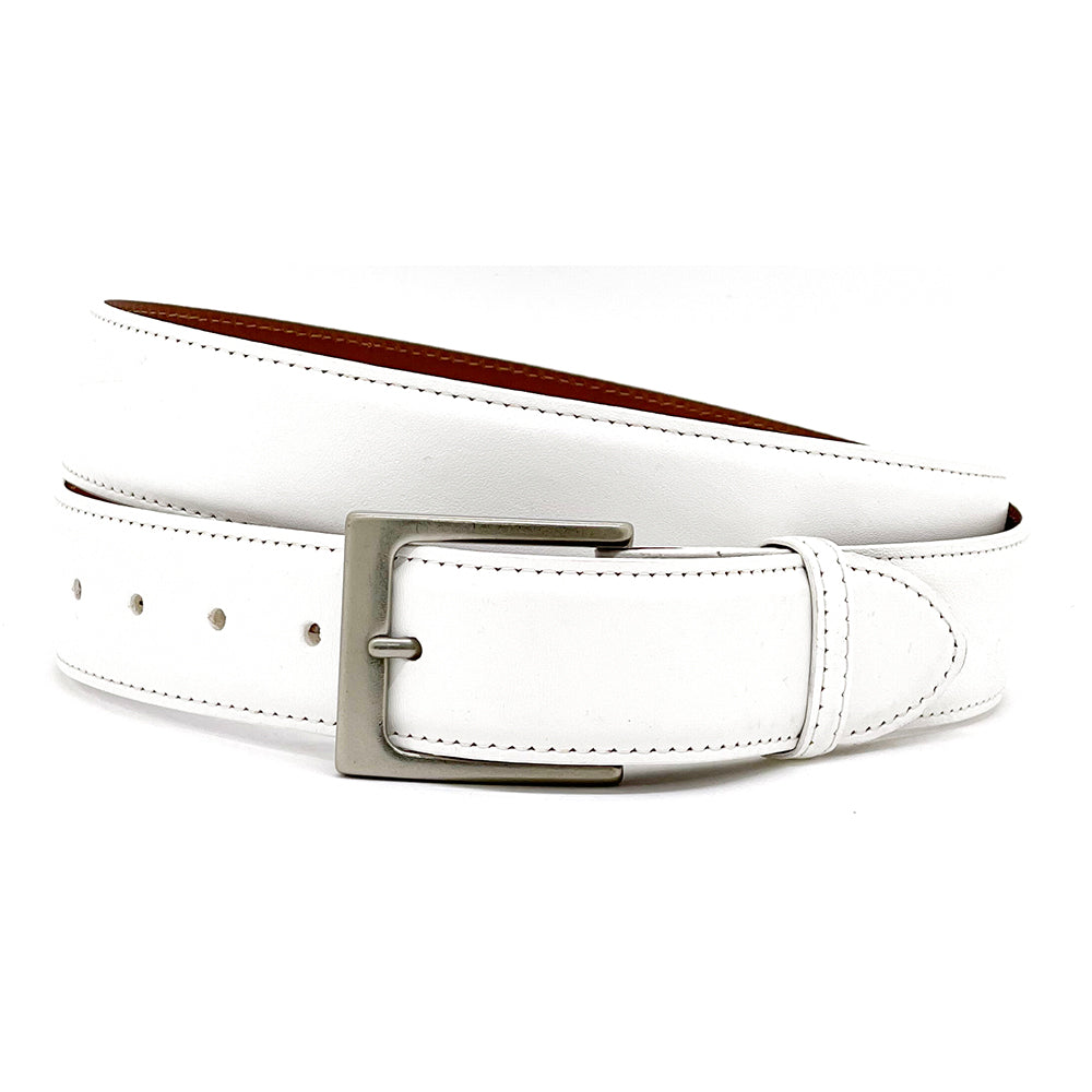 White Italian leather golf belt with a silver buckle.