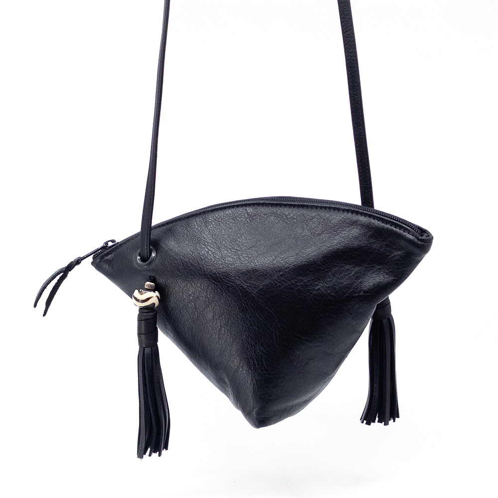 Black leather Fourtune Cookin crossbody bag.