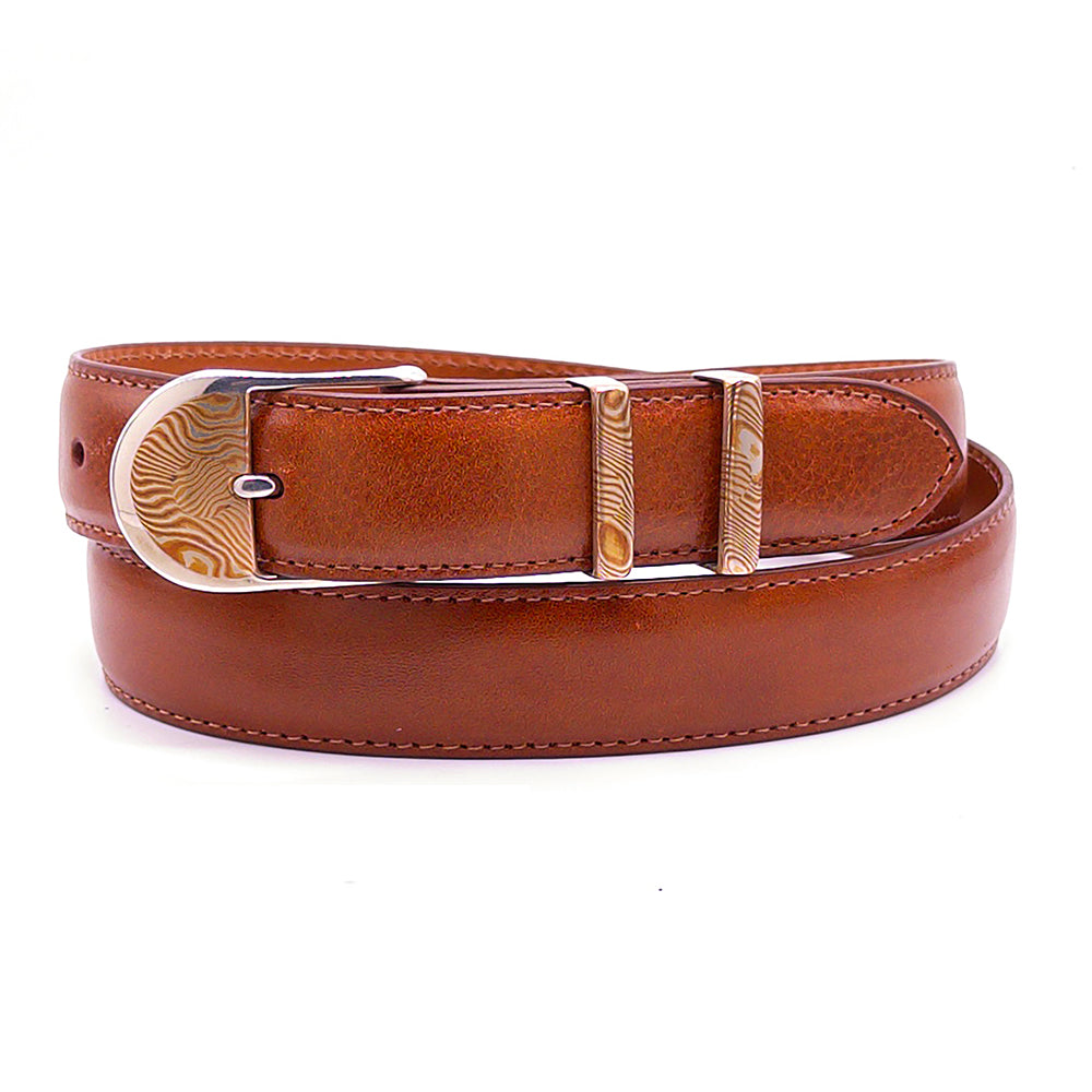 Neil Hunt Mokume-Gane Lisbon bucle and keepers shown on an Italian calf leather belt strap.