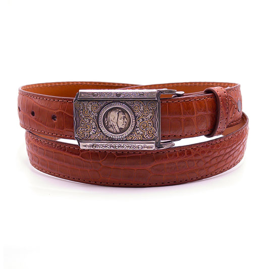 Neil Hunt Longshadow Nickel buckle shown on a cognac Nile crocodile belt strap.