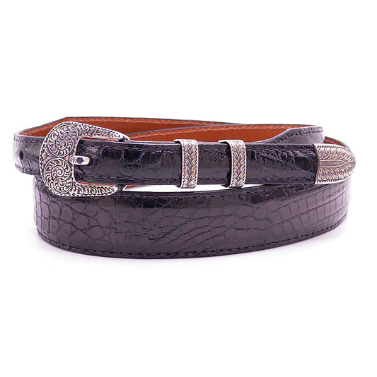 Neil Hunt Manzantia buckle set with sapphire shown on a black alligator belt strap.