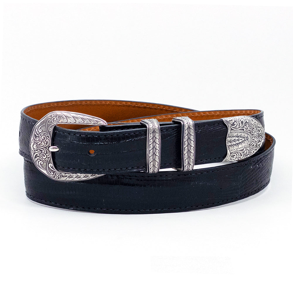 Neil Hunt engraved sterling silver Danali belt buckle set shown on a black lizard belt strap.