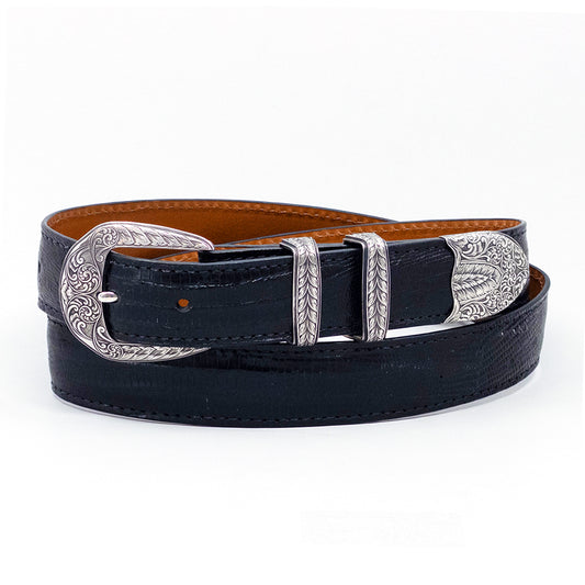 Neil Hunt engraved sterling silver Danali belt buckle set shown on a black lizard belt strap.