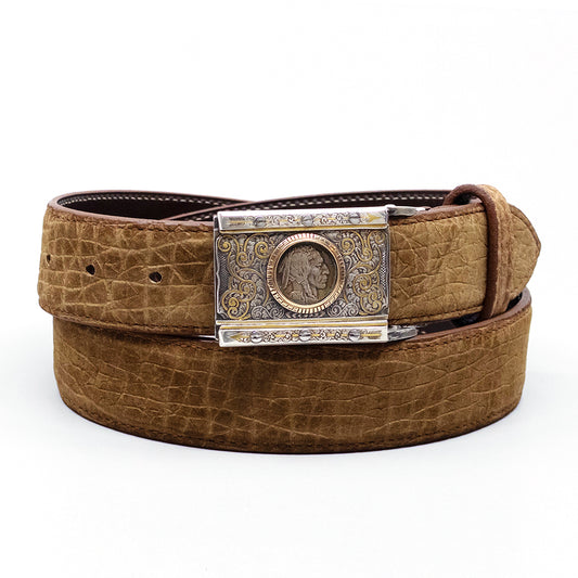 Neil Hunt Lakota Man belt buckle shown on a tan hippo belt strap.