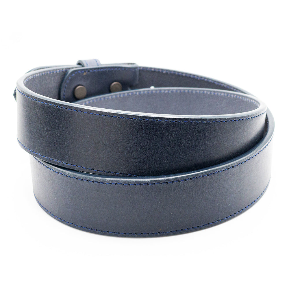 Handmade navy blue bridle leather belt strap.