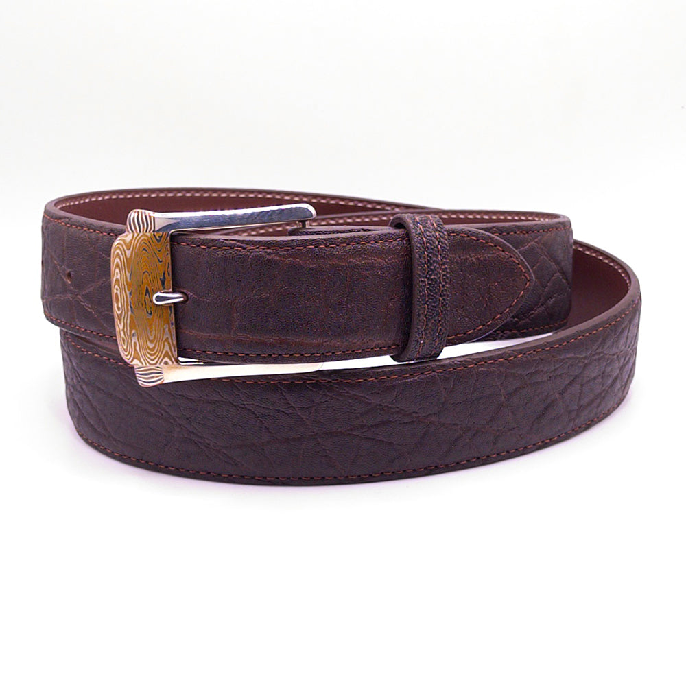 Neil Hunt Rio De Janeiro Mokume-Gane Buckle on a chocolate elephant belt strap.