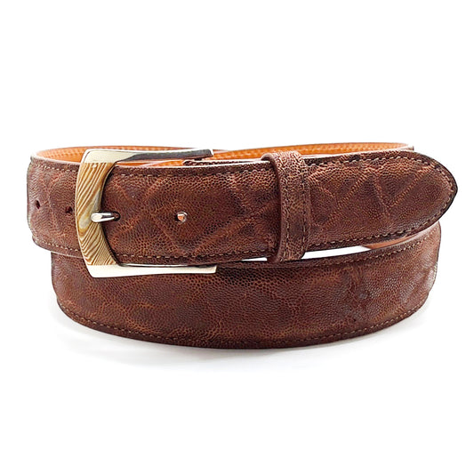 Neil Hunt Mokume-Gane buckle on a chestnut alligator belt strap.