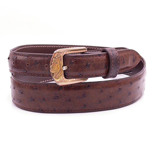 Neil Hunt Nairobi Mokeme-Gane buckle on a sienna ostrich belt strap.