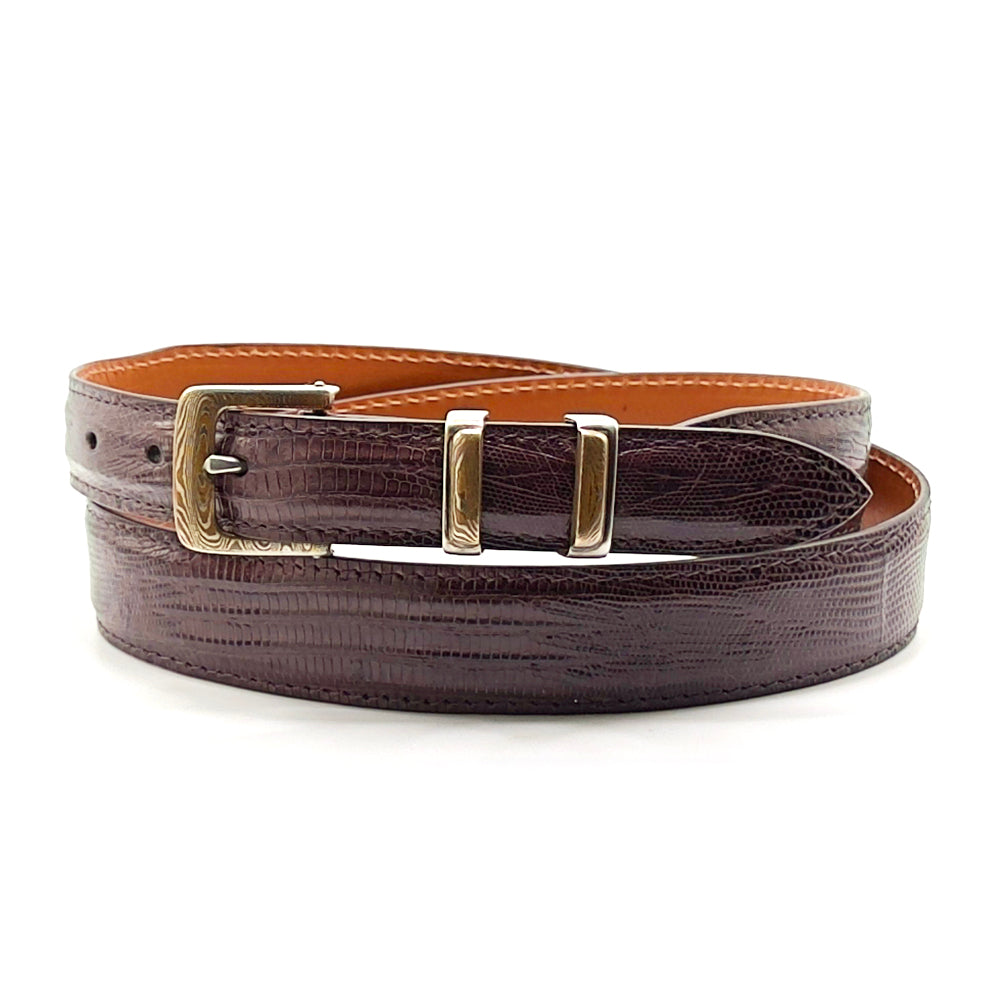 Neil Hunt buckle and keepers on a brown lizard belt strap.