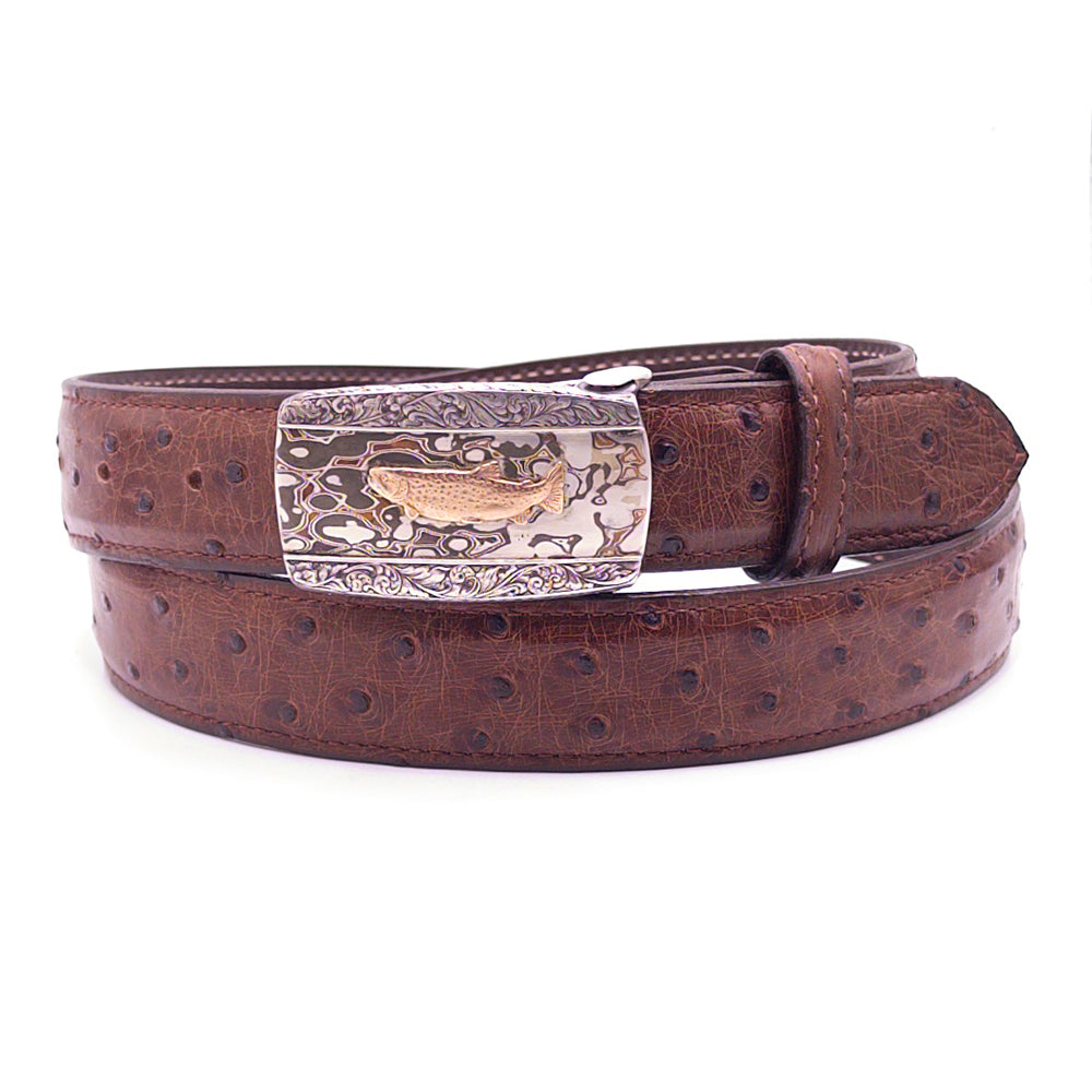 Neil Hunet engraved sterling silver and Mokeme-Gane trout buckle on a Sienna brown full quill ostrich belt strap.