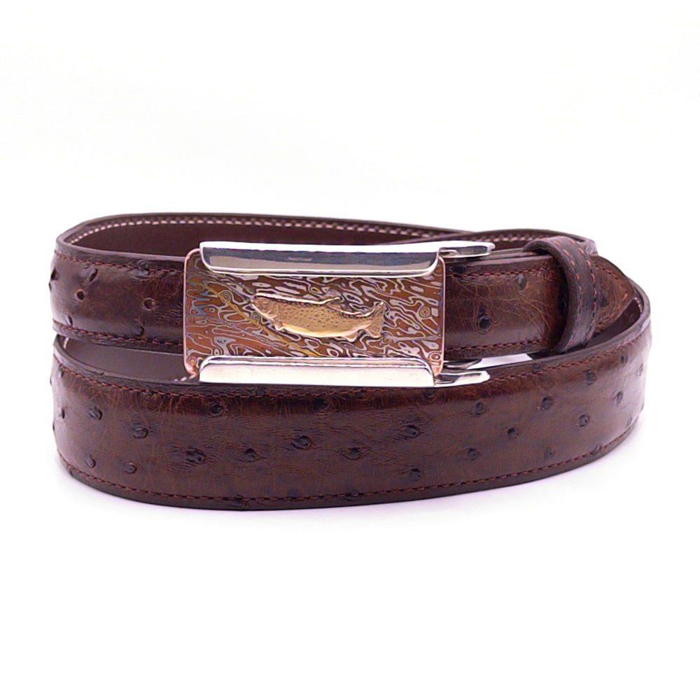 Neil Hunt gold trout buckle on a Sienna brown full quill ostrich belt strap.
