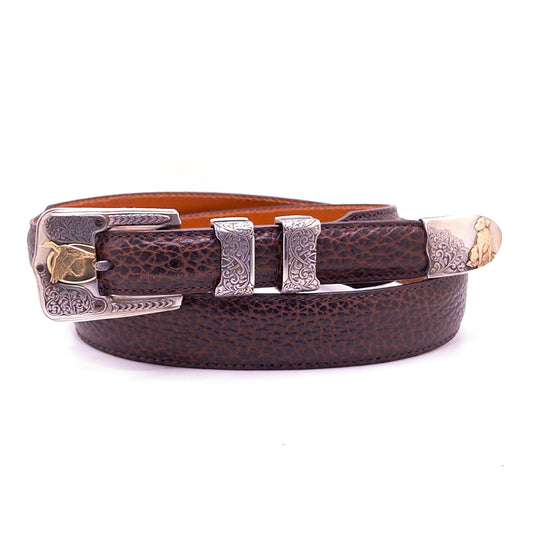Neil Hunt buckle set on a brown bison leather belt.