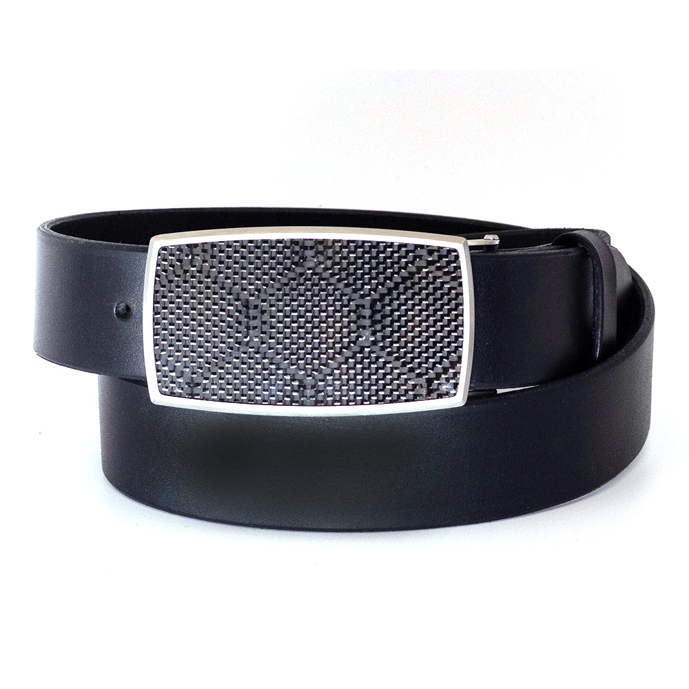 Pat Pruitt Carbon Fiber Belt buckle on a black bridle leather belt.
