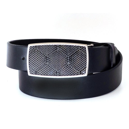 Pat Pruitt Carbon Fiber Belt buckle on a black bridle leather belt.
