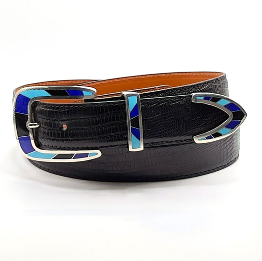 Chacon Caleinte Inlay Buckle Set shone on a balck lizard belt strap.