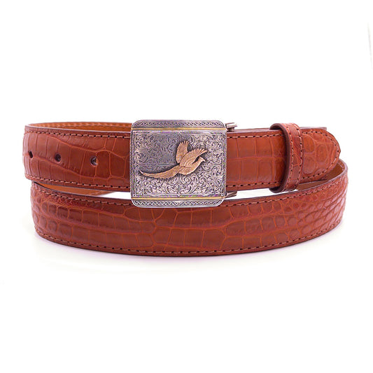 Neil Hunt Renaissance Wings Up buckle shown on a cognac Nile crocodile belt strap.