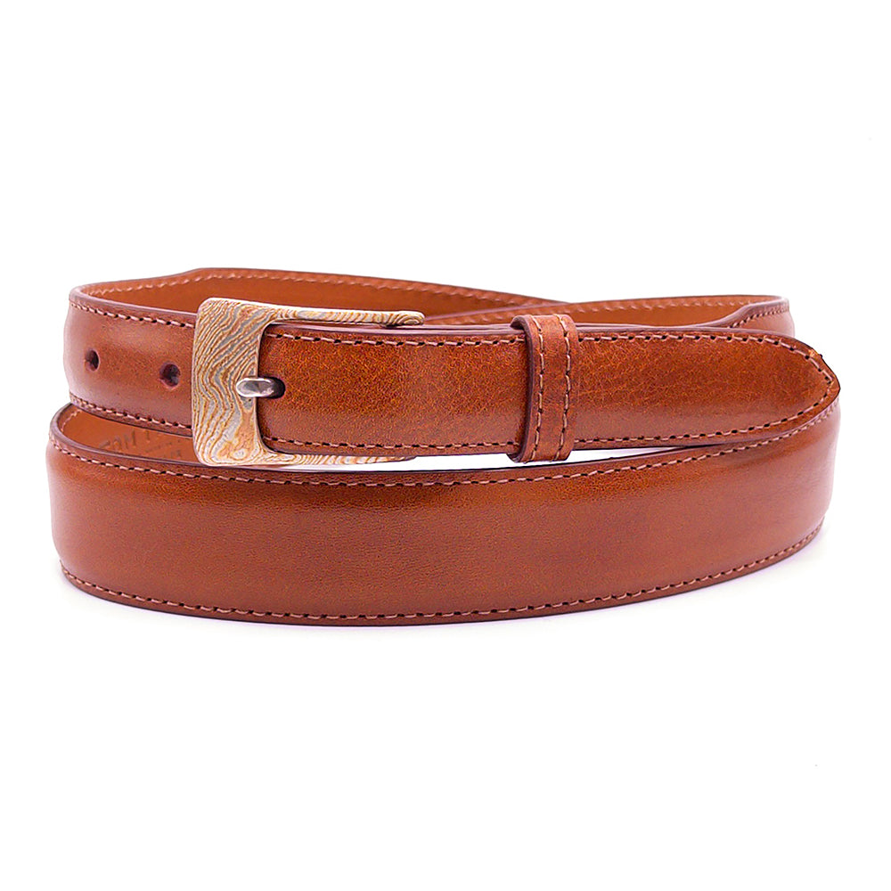 Neil Hunt Seattle belt buckle shown on a cognac Italian calf belt strap.