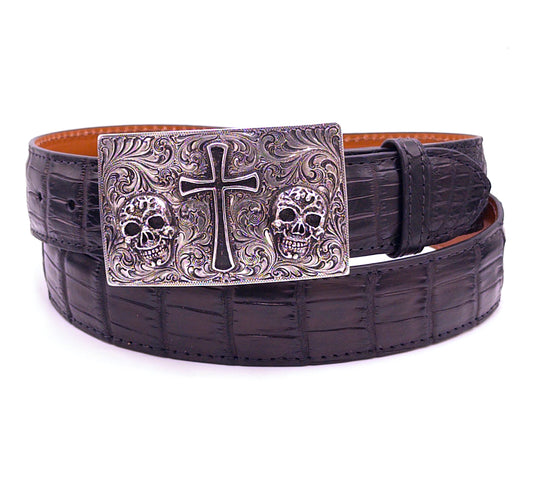 Silver King skull and cross buckle on a black nile crocodile belt strap.