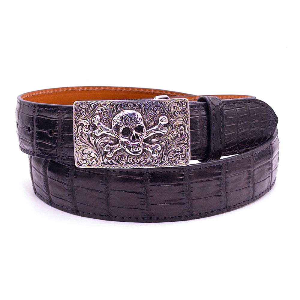 Silver King skull and crossbones buckle on a black Nile crocodile belt strap.