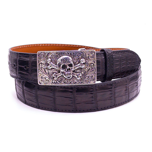 Silver King skull and crossbones buckle on a black Nile crocodile belt strap.