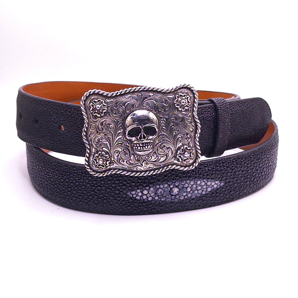 Silver King Skull and Rose Accent w/Scalloped Roped Edge One Piece Buckle 1.5