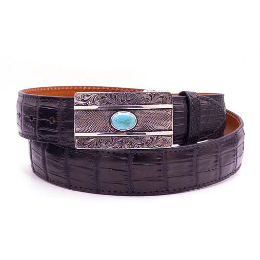 Silver King sterling silver buckle with turquoise shown on a black Nile crocodile belt strap.