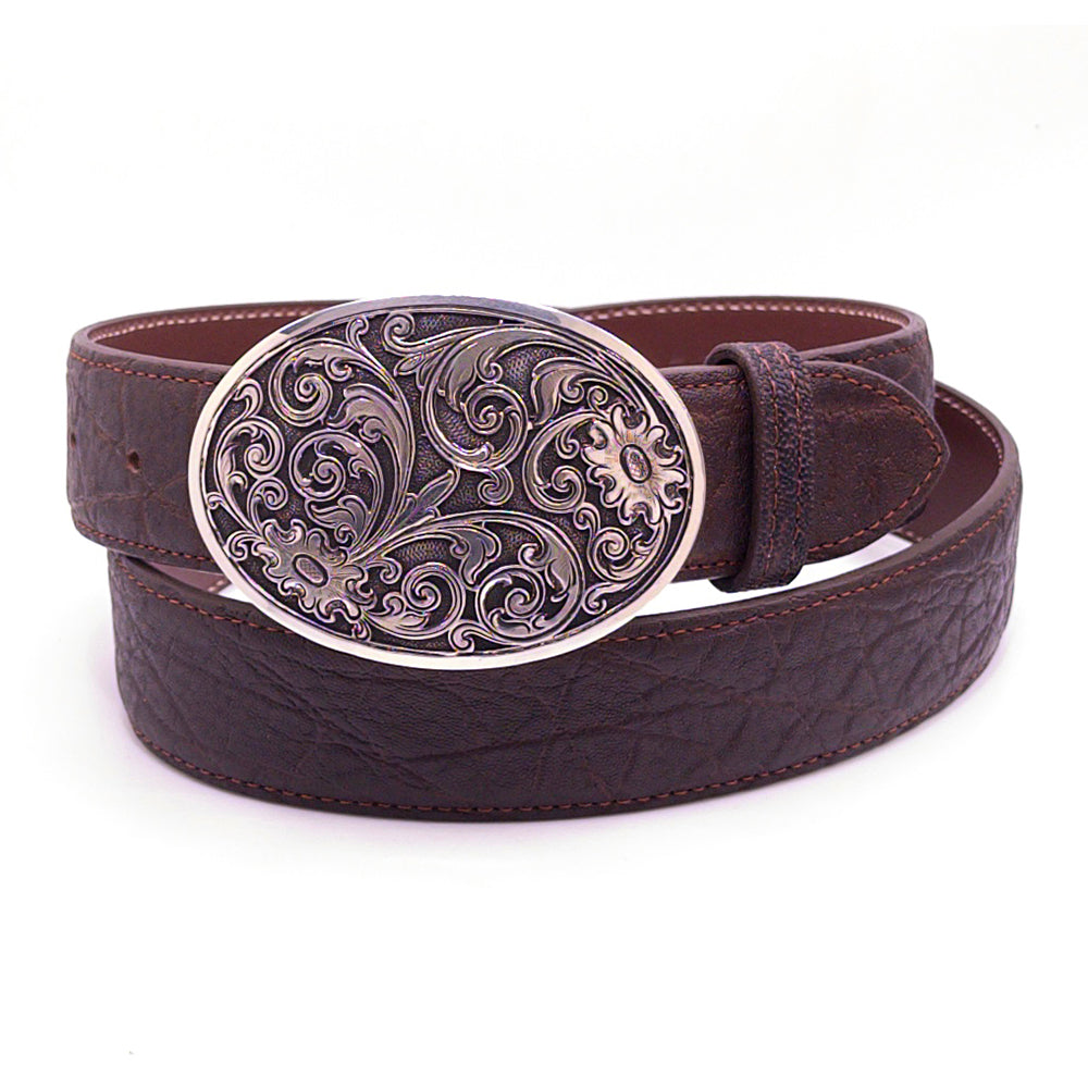 Silver King filigree buckle shown on a chocolate elephant belt strap