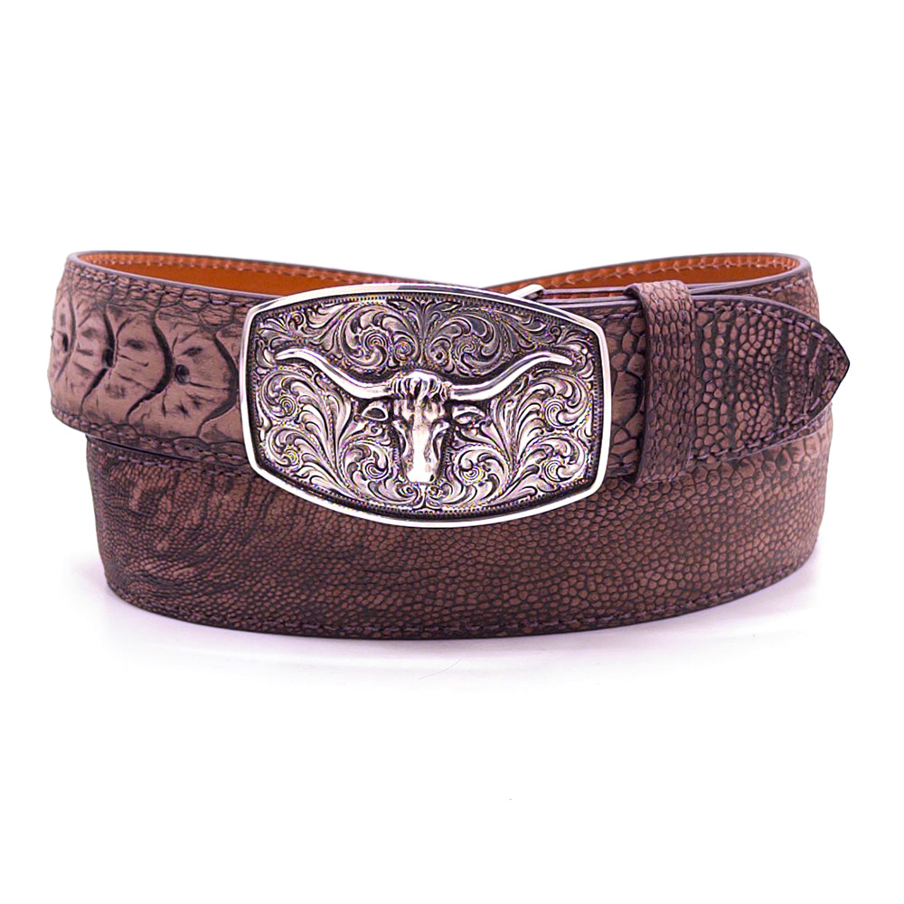 Silver King longhorn buckle shown on a brown ostrich leg belt strap.