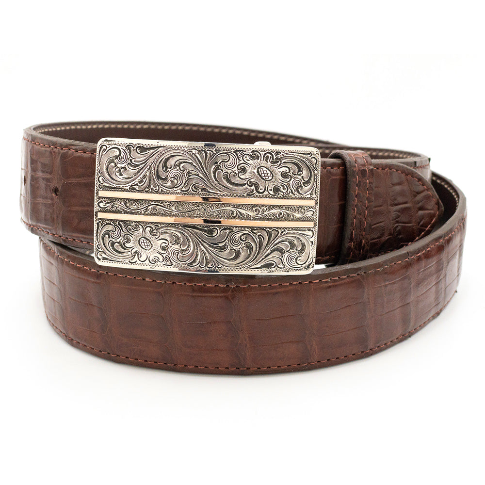 Silver King engraved steliing silver with two 14k rose gold stripes shown on an Italian red ultra crocodile belt strap.