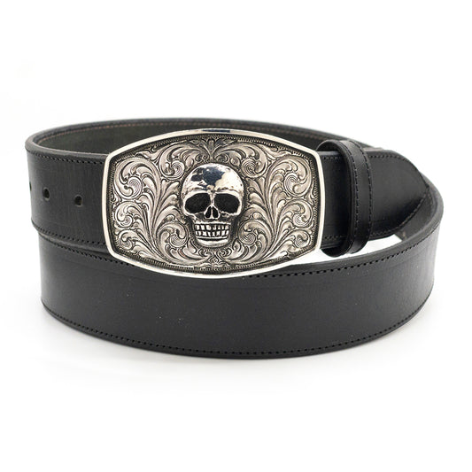 Silver King engraved sterling silver Skull belt buckle shown on a black bridle leather belt strap.