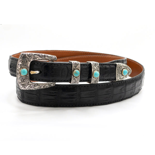 Faux Blue Tourquoise & Rhinestones Set In Gold Buckle & Black Ultrasuede Belt. Retro Belt Buckle Faux Turquoise Gold Tone Accents Accessory  main image 2