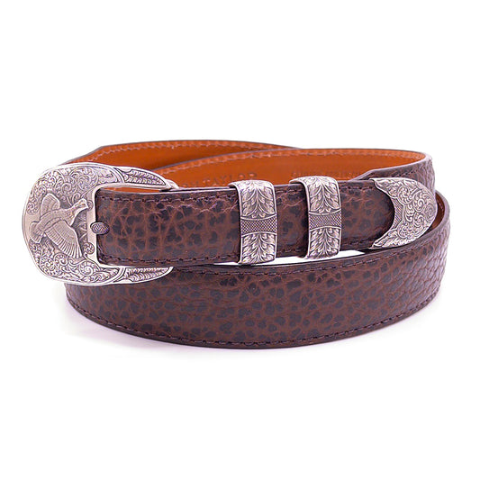 Neil Hunt Solitary Quail buckle set shown on a brown bison belt strap.