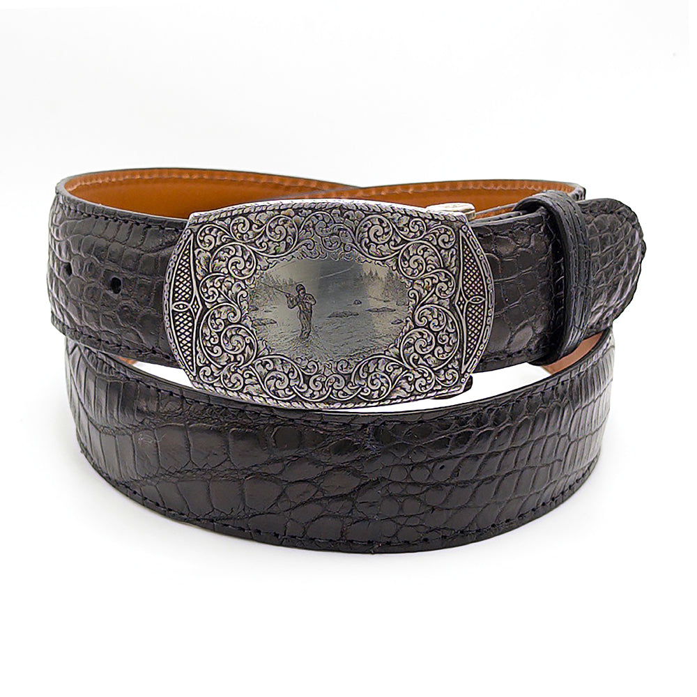 Neil Hunt Steel Canvas belt buckle with a fly fisherman casting on a black Nile crcodile belt strap.