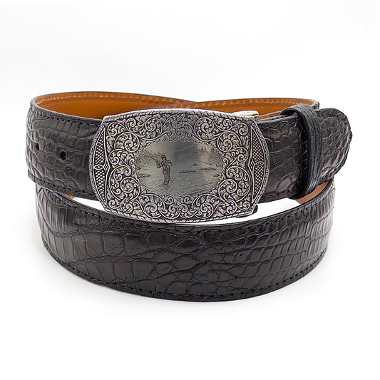 Neil Hunt Steel Canvas belt buckle with a fly fisherman casting on a black Nile crcodile belt strap.