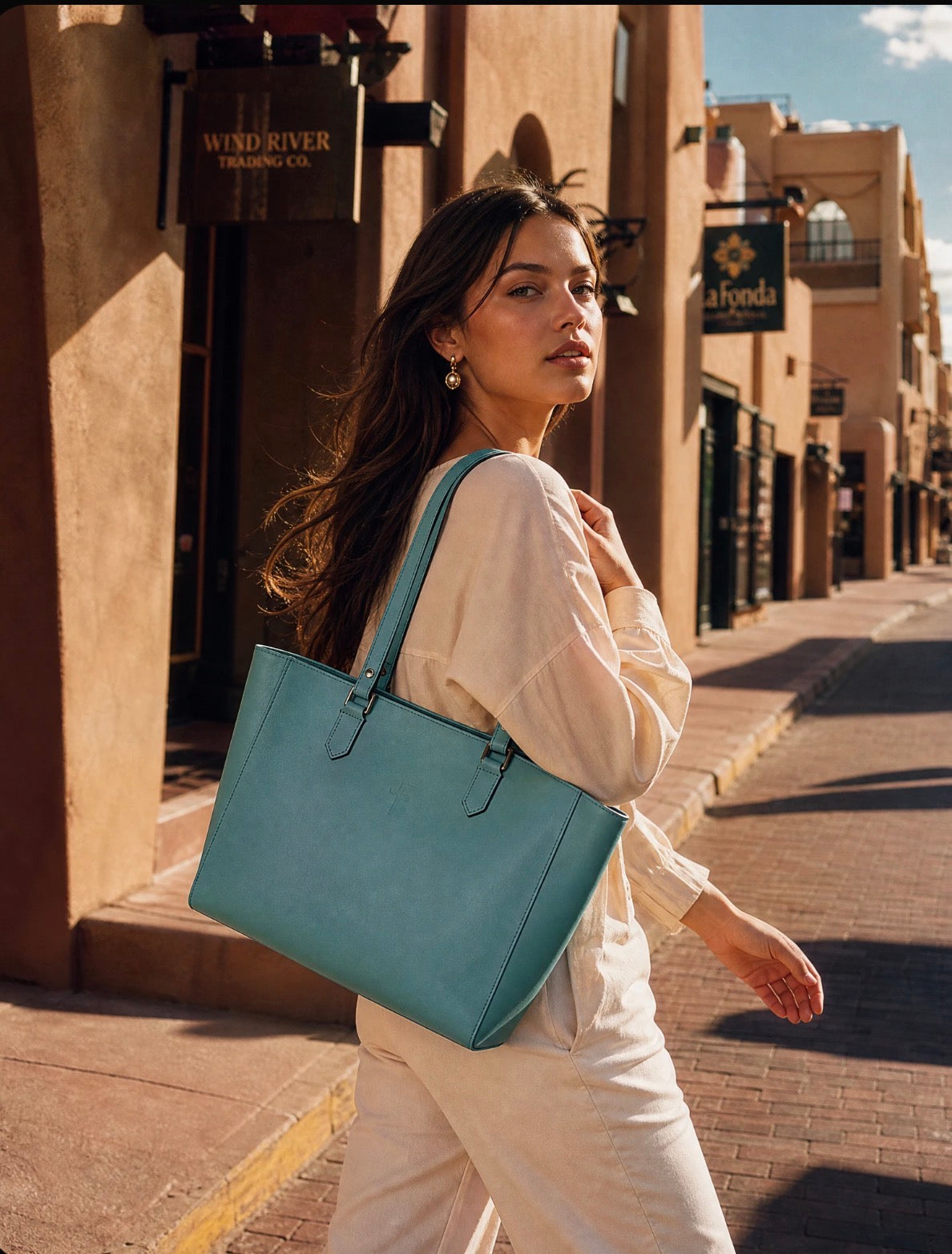Women wearing TT Signature Medium Tote walking Downtown Santa fe, New Mexcio 