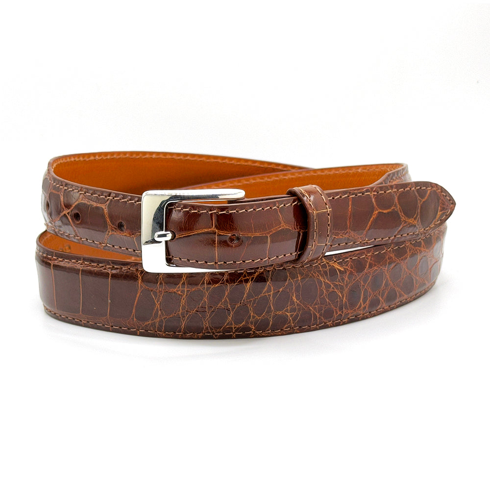 Sivler Belt Buckle shown with a cognac alligator belt strap.
