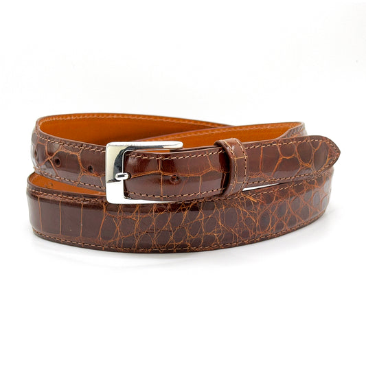 Sivler Belt Buckle shown with a cognac alligator belt strap.