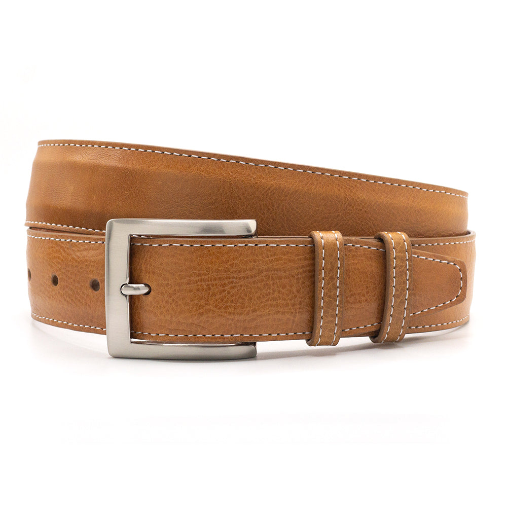 Tan Italian leather belt with a silver buckle on a white background
